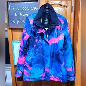 SMN Graffiti Ski Jacket Women's Blue and Pink in a size small. EUC